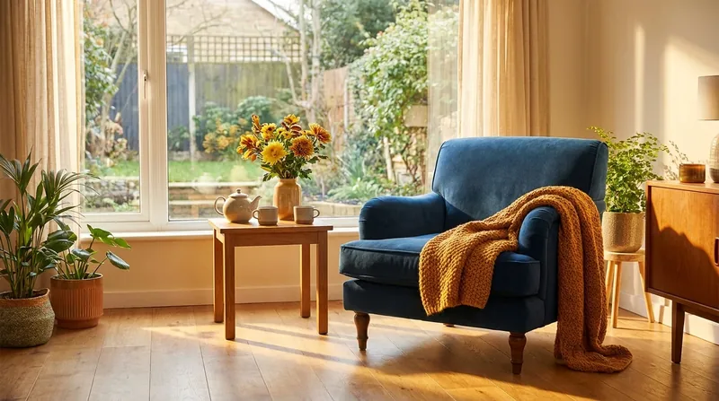 Sunlit sitting room with an armchair, blanket and garden view, How to Start an Assisted Living Facility in Wisconsin