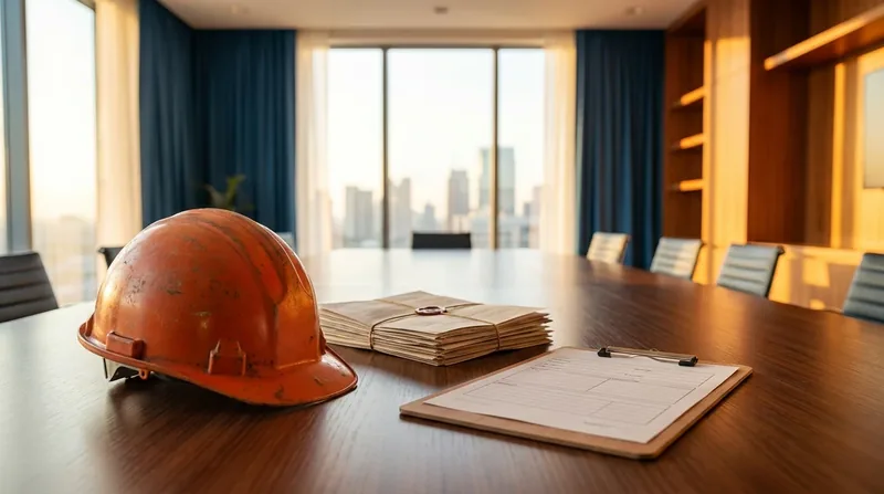 Hard hat, policy papers and a clipboard on a conference table, Wisconsin Workers' Compensation