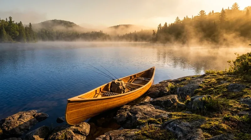 A wooden canoe on a rocky shore of a misty northern lake at sunrise, How to Start a Campground in Wisconsin