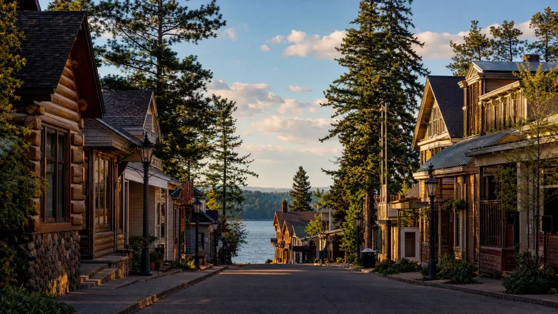 A Northwoods Wisconsin small-town street with log-sided shops and pines, Wausau and Stevens Point Business Licenses