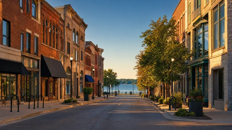 A south-central Wisconsin downtown street with brick shops and a lake view, Janesville and Beloit Business Licenses