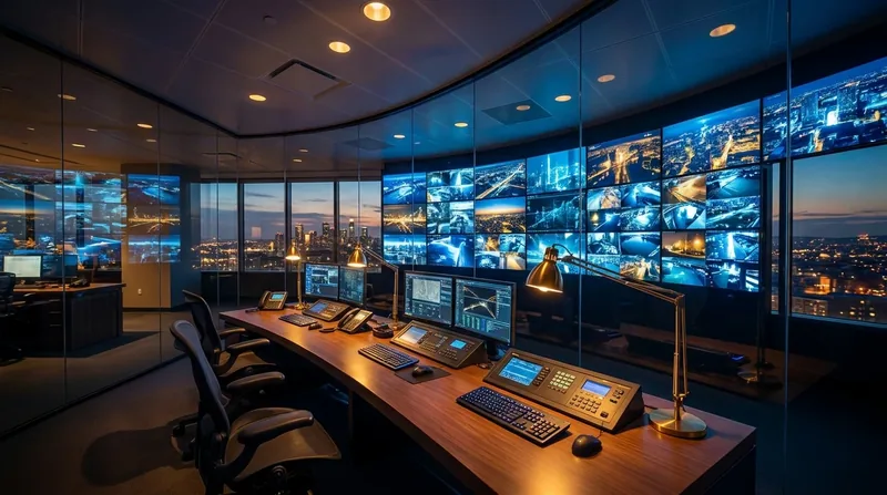 Security operations desk with a wall of camera monitors, How to Start a Security Guard Company in Wisconsin