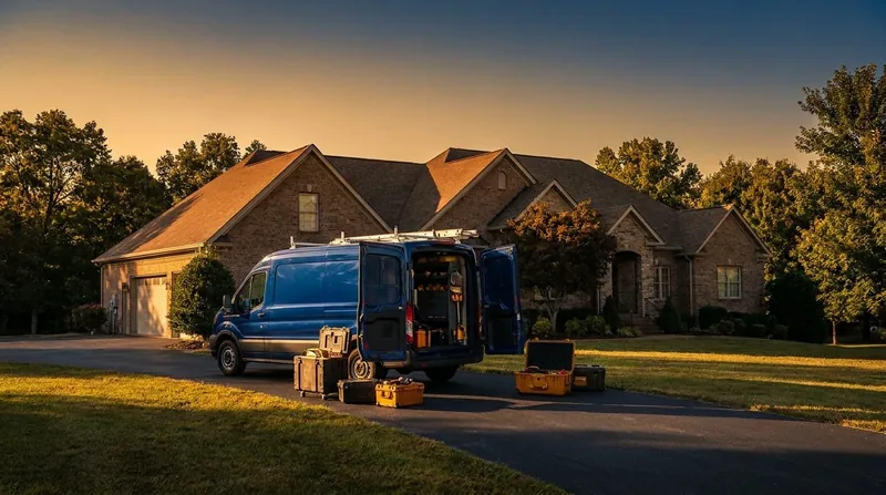 A service van with equipment cases in a suburban driveway at sunset, How to Start a Cleaning Business in Wisconsin