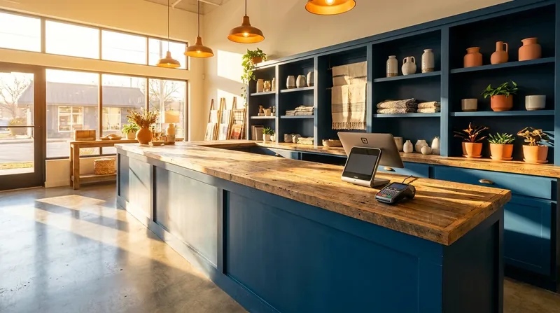 Small shop counter with a card reader and stocked shelves, How to Open a Pawn Shop or Secondhand Store in Wisconsin
