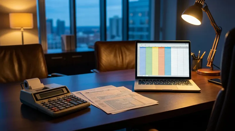 Calculator, tax forms and a spreadsheet on a laptop at dusk, Wisconsin Sales Tax by County