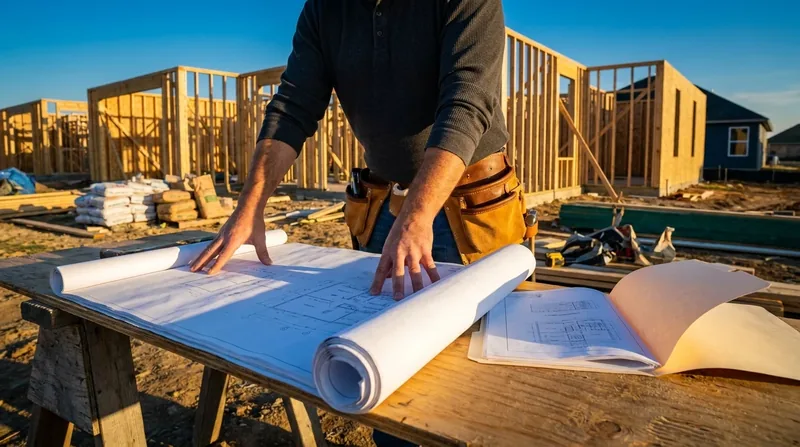 Contractor reviewing blueprints at a framed residential jobsite, How to Get a Wisconsin Electrical License and Start an Electrical Contracting Business