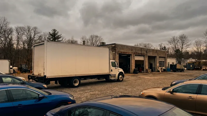 A box truck and parked cars outside a small service garage under a grey sky, How to Start a Driving School in Wisconsin