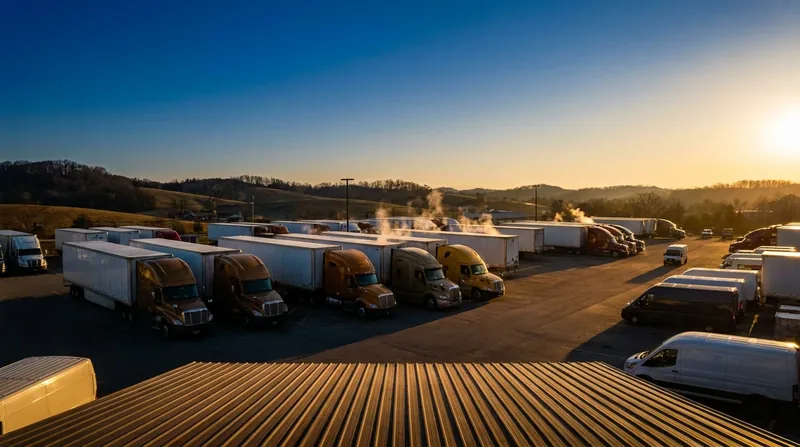 Box trucks and semis parked at a logistics yard at sunrise, How to Start a Moving Company in Wisconsin